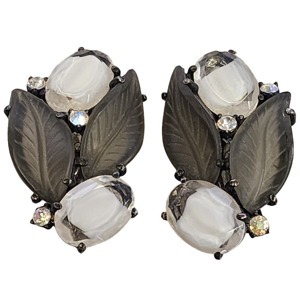 Schiaparelli 1950's Frosted Glass & Rhinestone Large Clip-back Earrings
